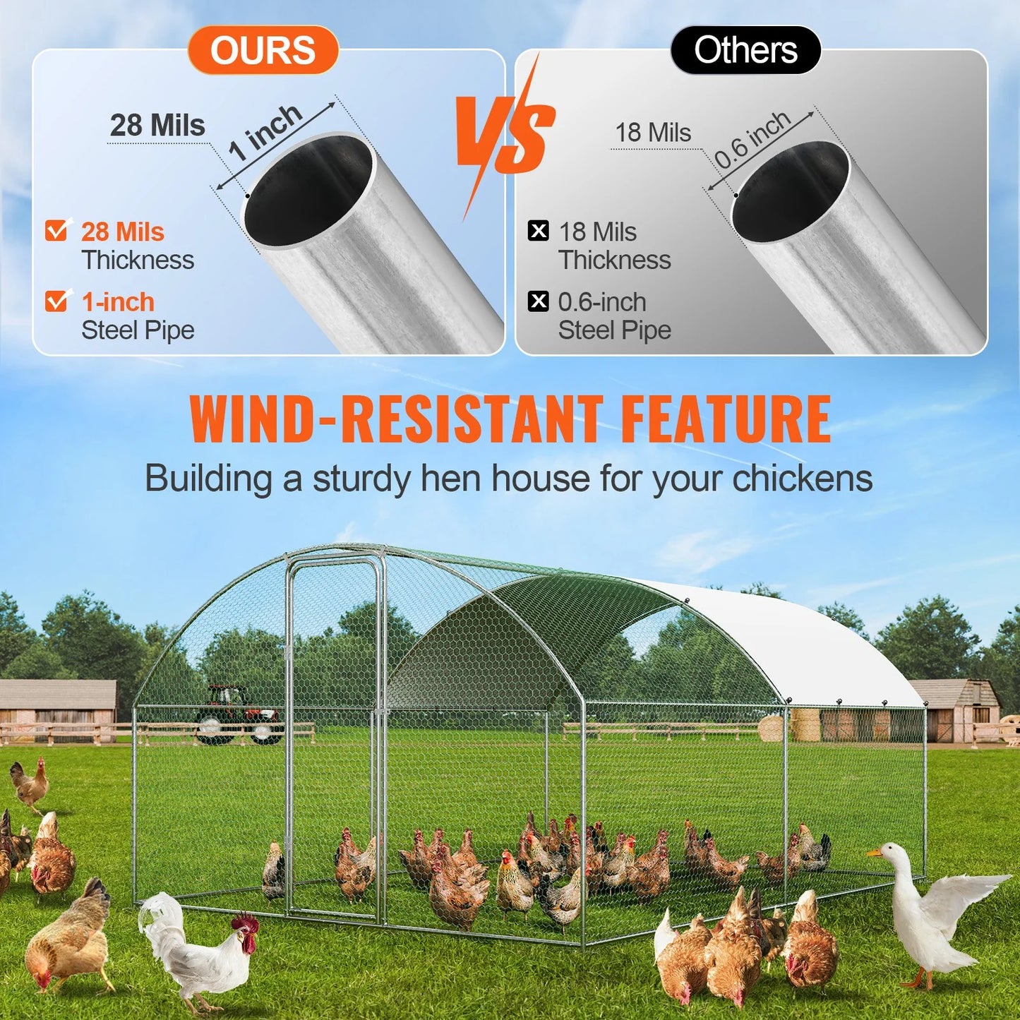 VEVOR Large Metal Chicken Coop, 9.8X12.9X6.5 Ft Walk in Chicken Run for Yard with Waterproof Cover, Doom Roof Hen House with Security Lock for Outdoor and Backyard, Farm, Duck Rabbit Cage Poultry Pen